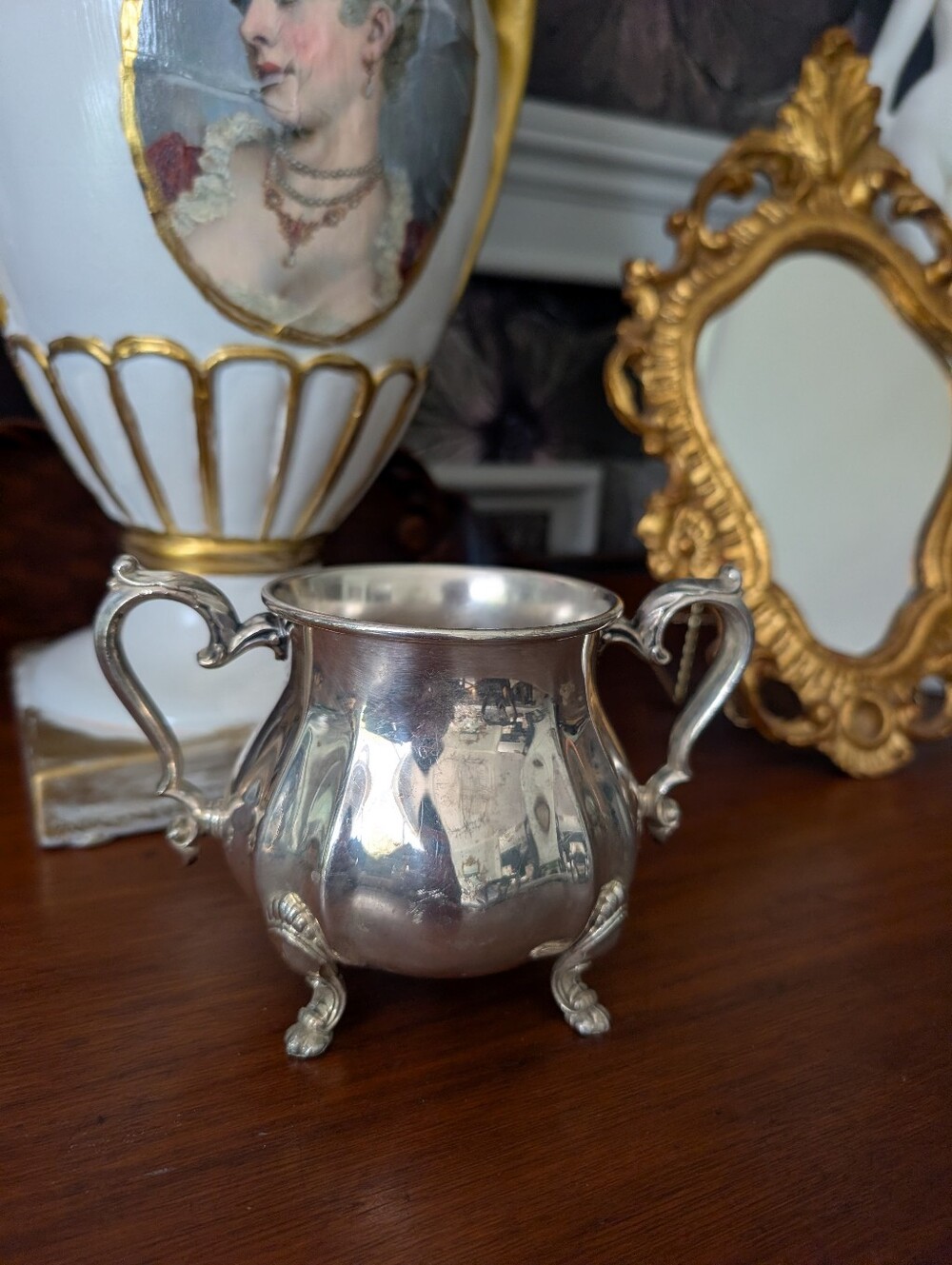 Vintage Towle Silver-plated waste bowl/ Sugar pot, ornate handles, footed detail